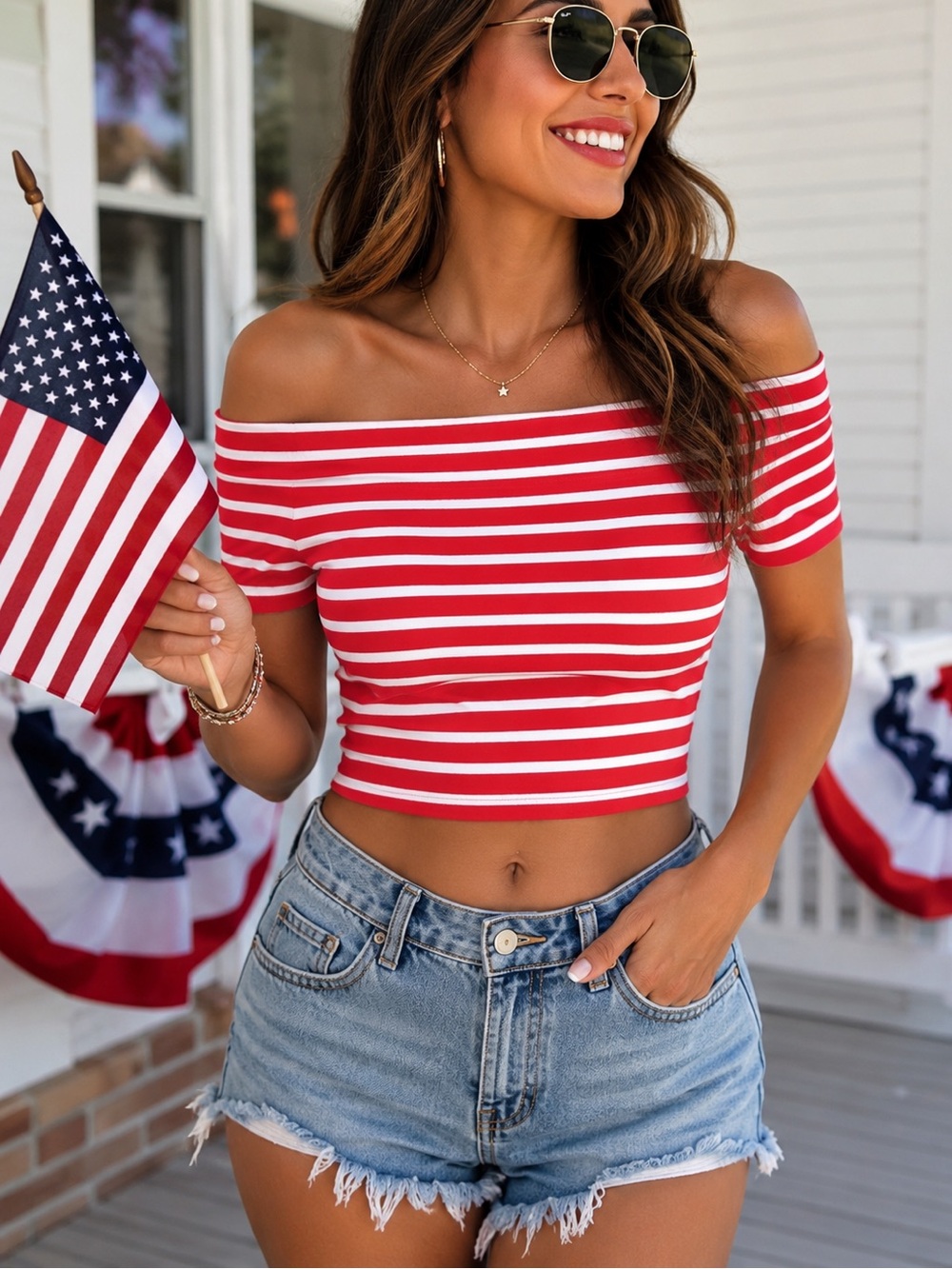 Wild Fable Red White Stripe Off Shoulder Crop Top L Patriotic 4th of July NWT